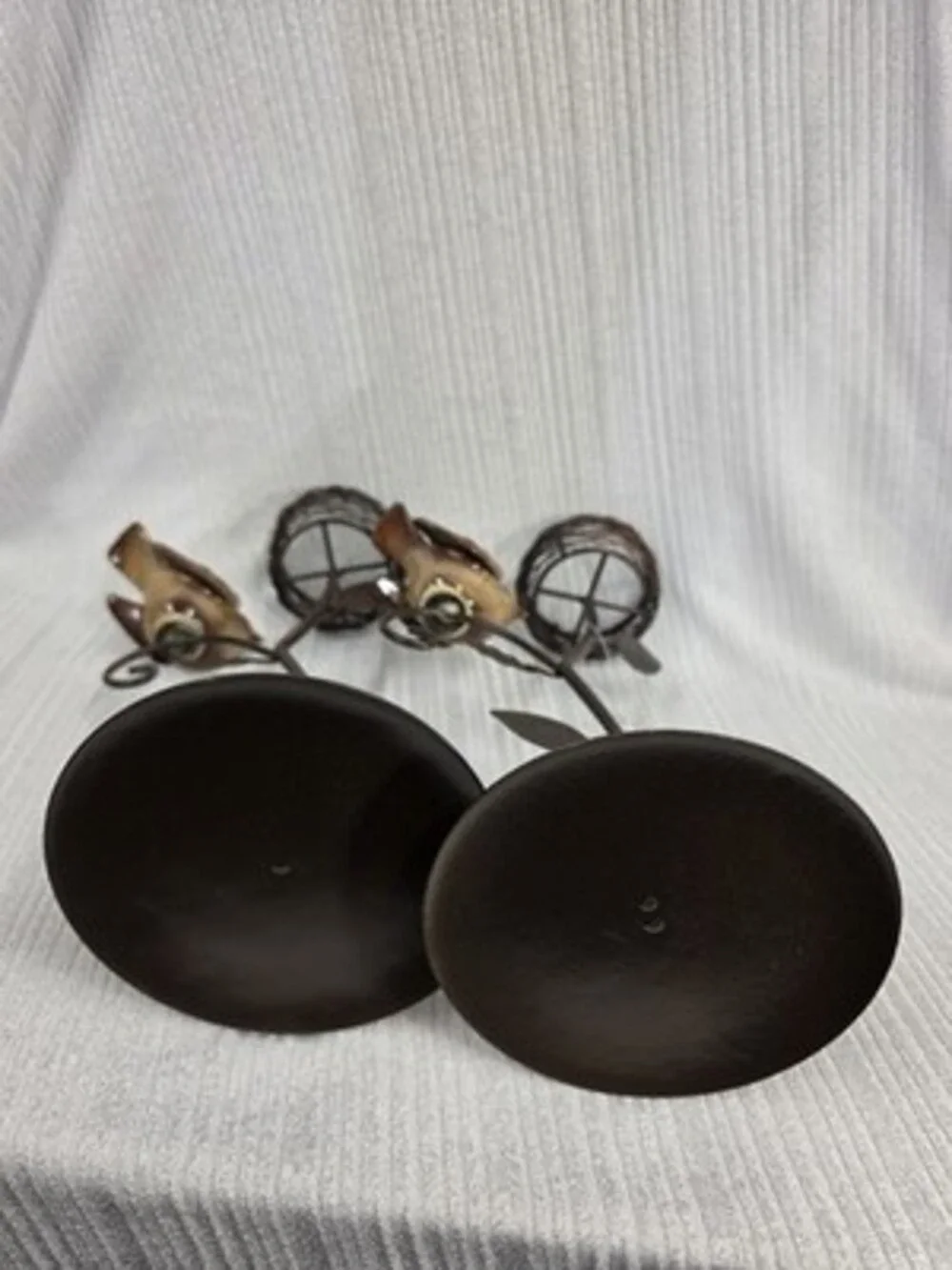 Set of 2 Metal & Glass Bird Votive Candle Holders Rustic Antique look 11in
